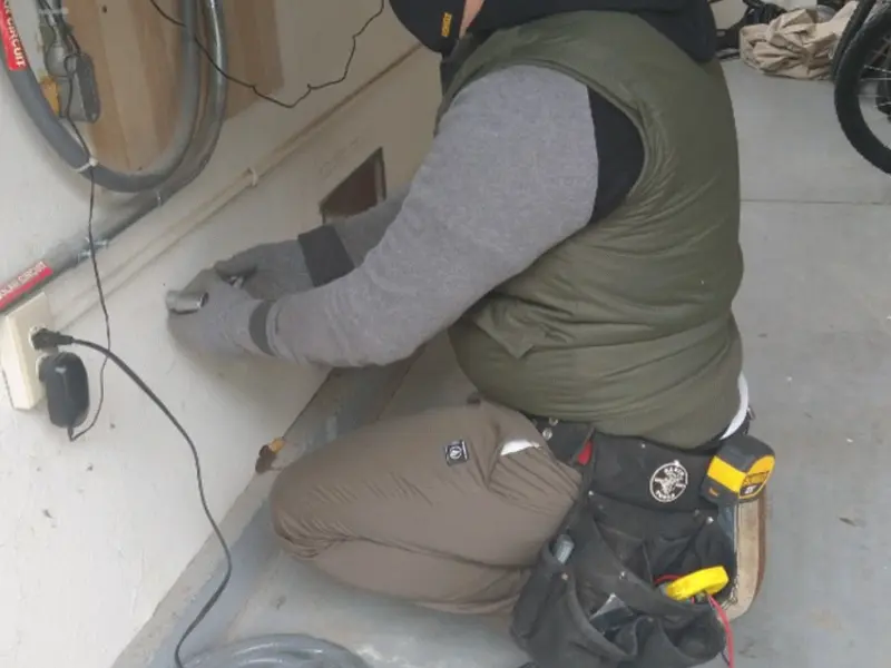Electrician performing outlet wiring in a East Aurora garage